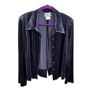 NWT Karin Stevens Vintage Velvet Grey Button Up Top With Open Back size 14